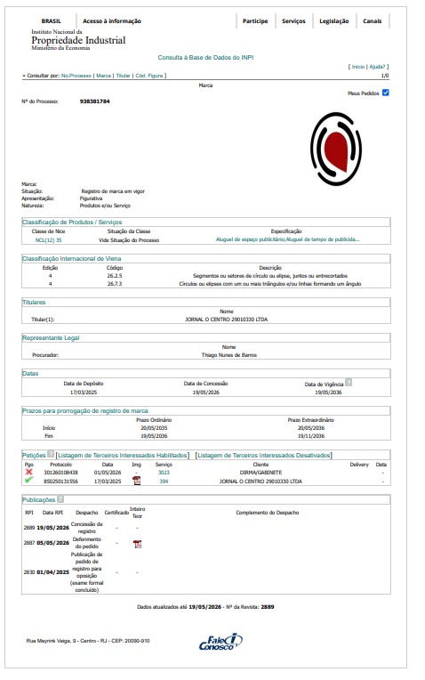Tela de consulta à base de dados do INPI mostrando o registro de marca em vigor nº 93838178 para a empresa Jornal O Centro na classe NCL(12) 35.