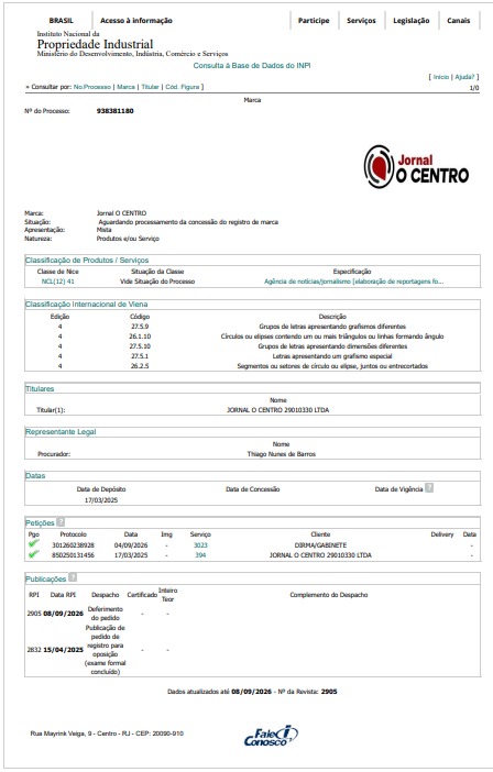 ela de consulta ao sistema do INPI mostrando o deferimento do processo nº 938381180 da marca mista Jornal O Centro na classe NCL(12) 41.