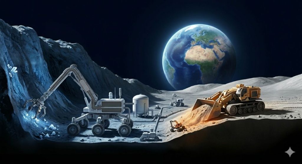 Ilustracao detalhada de operacao de mineracao na Lua mostrando a extracao de gelo de agua e Helio-3 no Polo Sul lunar com a Terra visivel ao fundo.